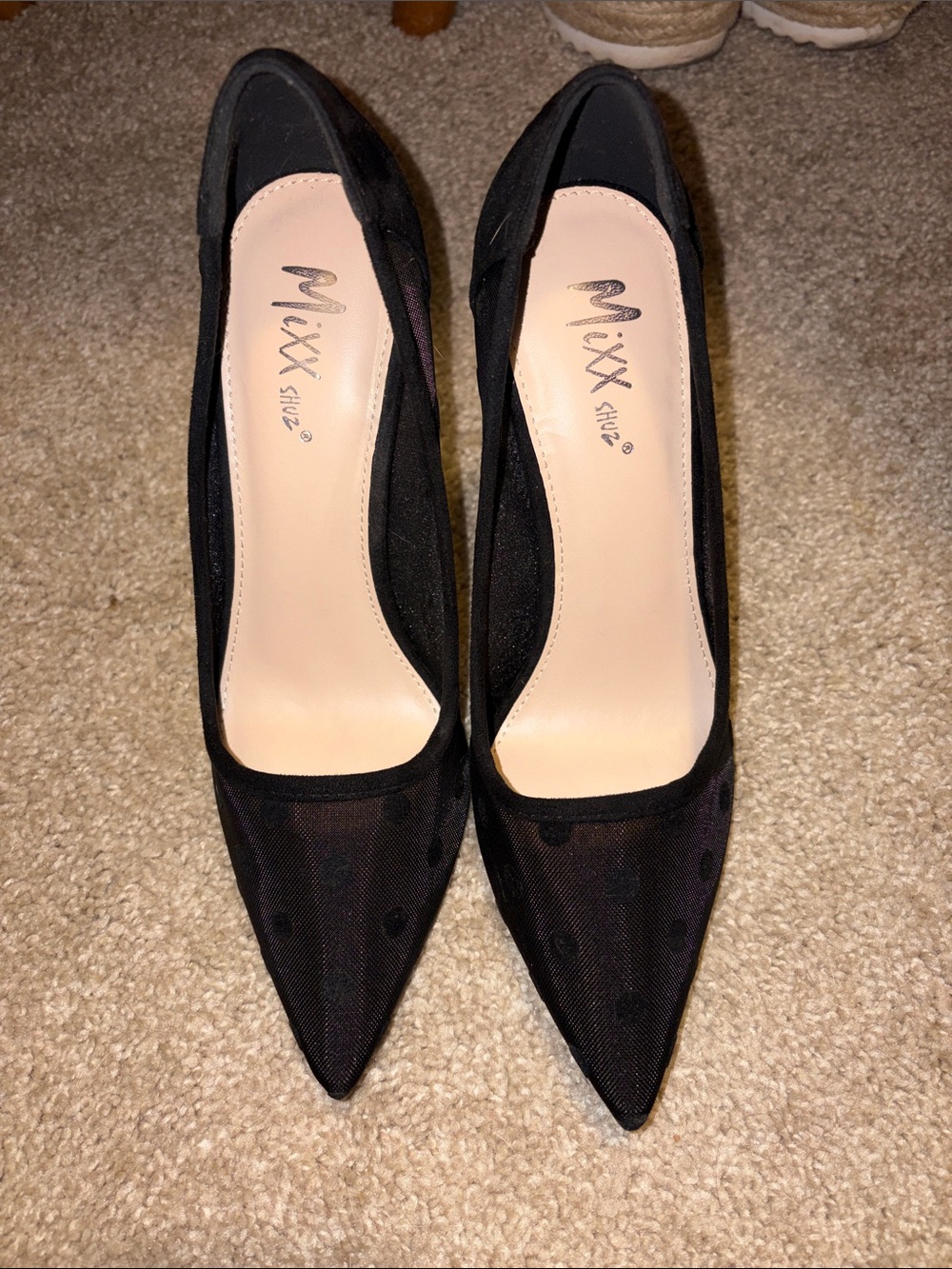 Mixx Shuz Black Pointed Mesh Pumps with Polka Dot Detail